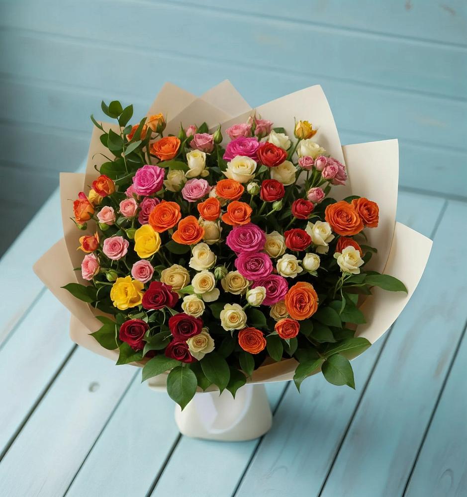 Букет Микс из разноцветных кустовых роз в Галюгаевской