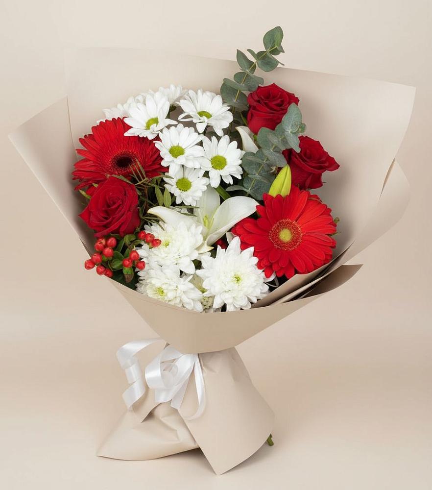 Букет цветов из: Розы, Хризантемы, Герберы и Лилии в Галюгаевской