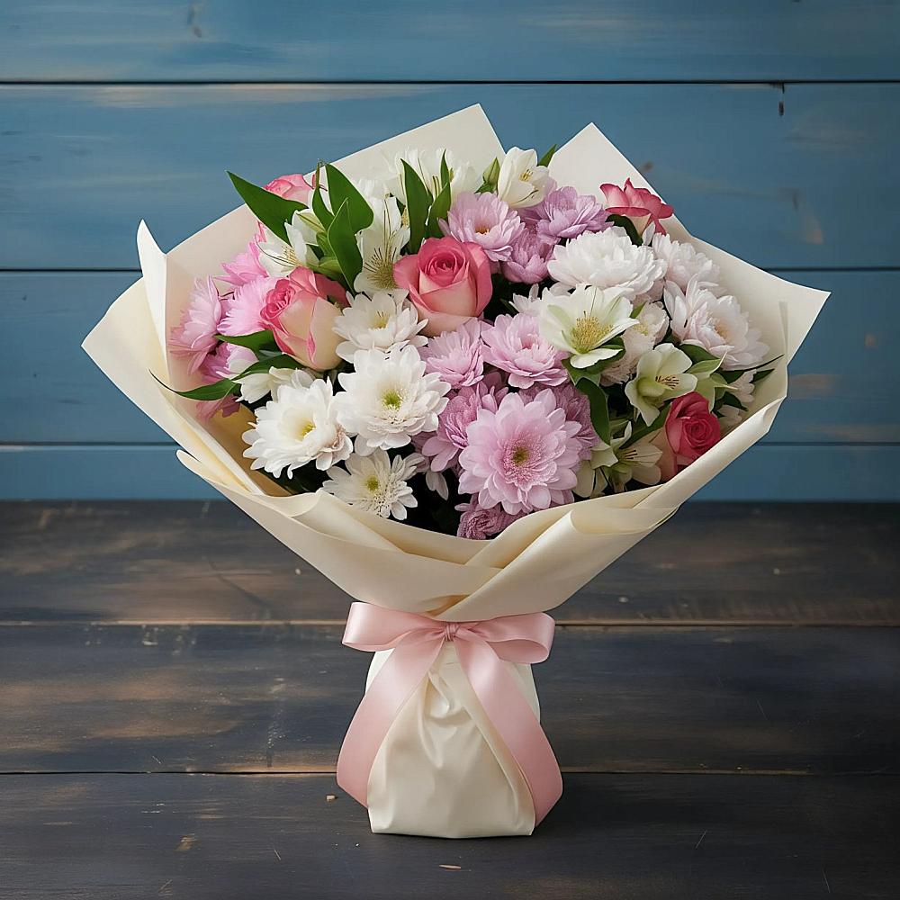 Букет цветов из: Хризантемы, Альстромерии и Розы в Галюгаевской